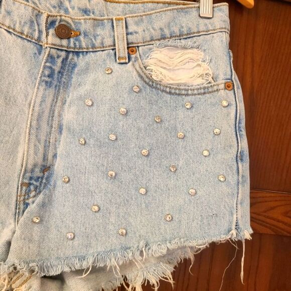Vintage 90s Levis Jean Shorts Made in USA Light Wash Embellished Furst of a Kind - Picture 3 of 11